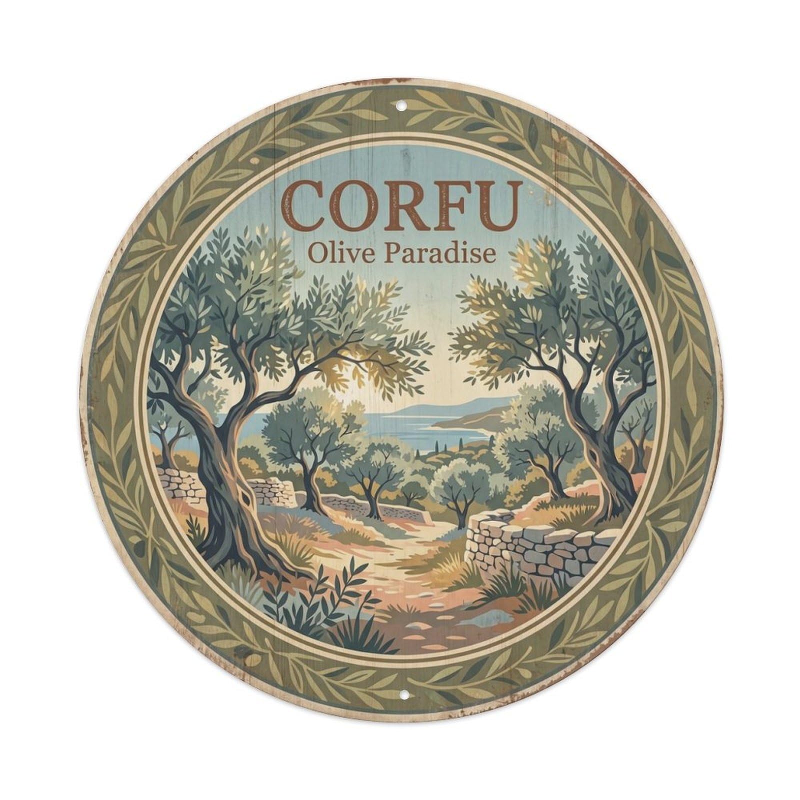 Vintage Travel Corfu Olive Groves Metal Tin Sign Plaque Wall Decor for Cafe, Club, Garden Round Metal Poster 8x8Inch