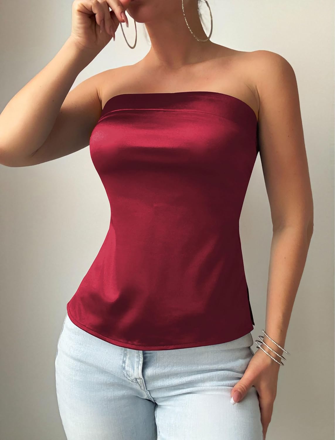 ZAFUL Women Satin Strapless Tube Tops Side Split Sleeveless Backless Bandeau Top Going Out Bustier Tops Silk Tank Top - Image 5