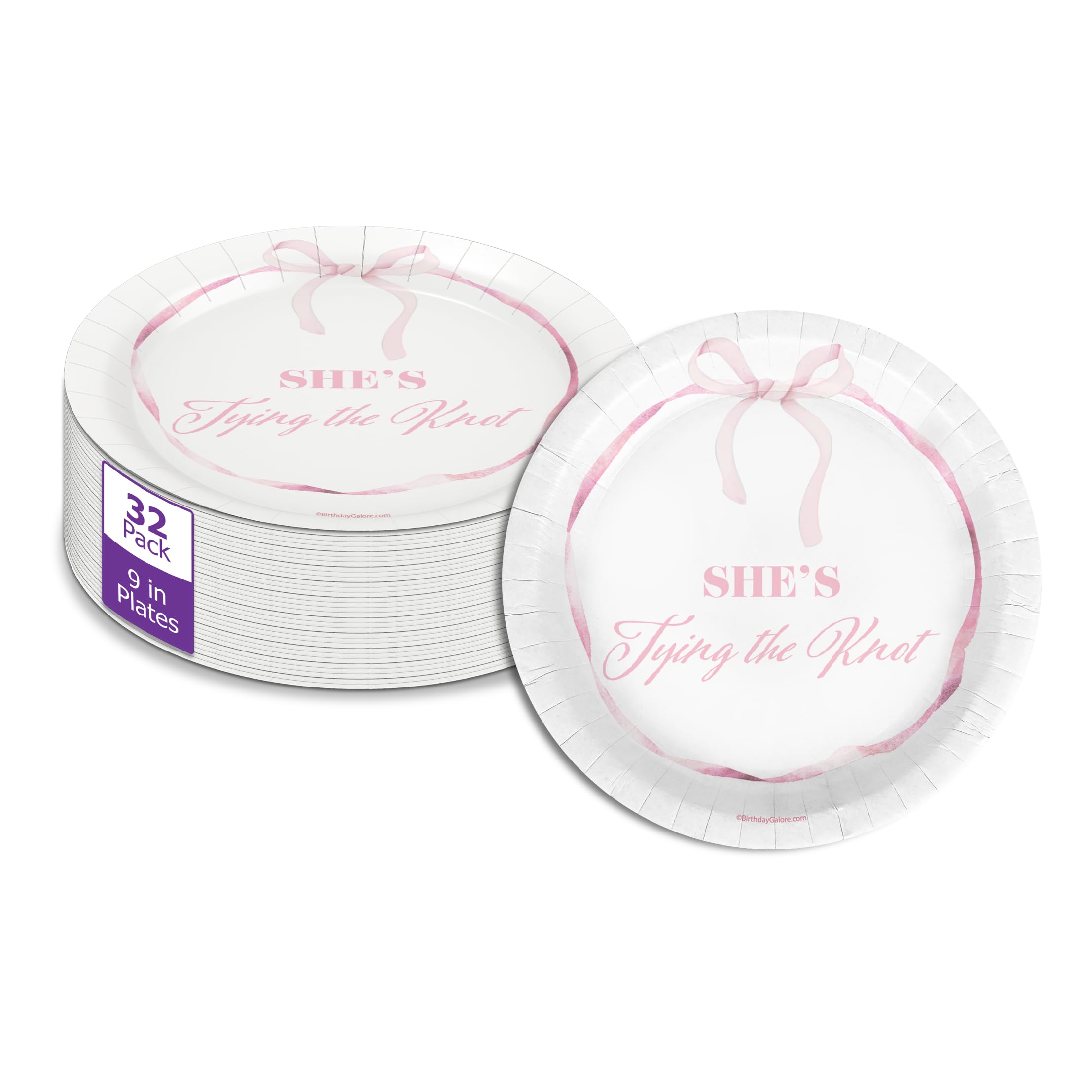 Birthday Galore She's Tying The Knot Bridal Shower - 32 Piece Disposable Party Supplies - Pink Bows Bridal Shower Decorations - Round Party Plates -