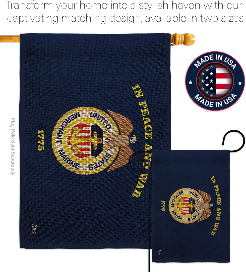 Merchant Marine Burlap Garden Flag - Set Wall Holder Armed Forces Corps USMC Semper Fi United State American Military Veteran Retire Official - House Yard Gift Double-Sided 13 X 18.5