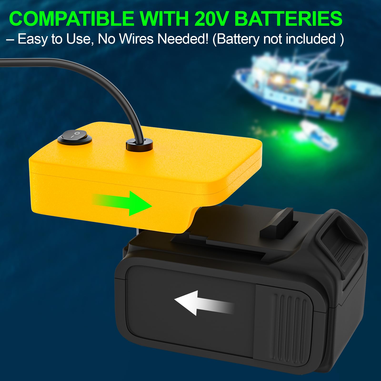 LED Underwater Fishing Light Compatible with for DeWalt 20V Battery?Battery Not Included?, 1300 Lumens, IP68 Waterproof Submersible Green Fish Attractor Light for Night/Ice/Boat Fishing