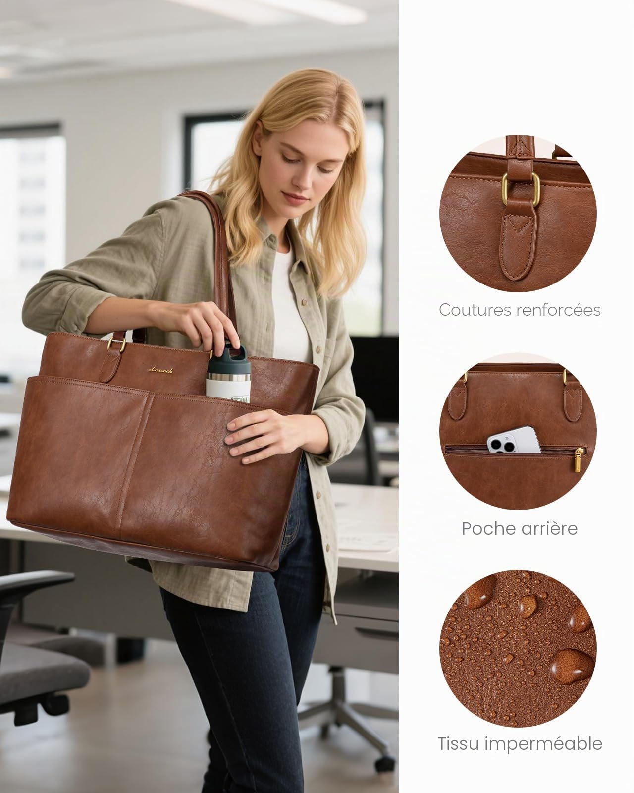 LOVEVOOK Grand Sac à Main Femme Polyvalent, Cabas Élégant avec Compartiment Ordinateur Portable, Tote Bag Professionnel pour Travail, Études, Université, Bureau, Cours et Voyage