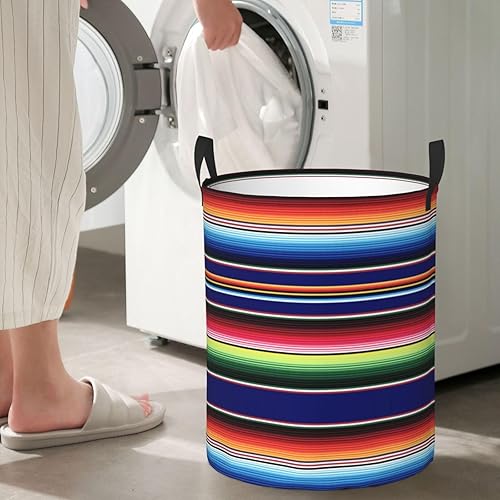 Miniatura 7 de Cesta de lavandería con estampado de sarape mexicano a rayas coloridas con asa duradera, impermeable, plegable, cesta de almacenamiento de ropa