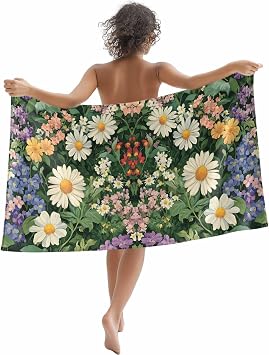 Beach Towel 30x60in,Sand Free Quick Dry Large Bath Towels,Spring Natural Wildflower Daisy Oversized Absorbent Beach Blanket for Pool Swimming Camping Picnic,Colorful Floral Green Leaves