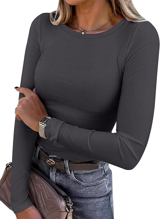 Plush Long Sleeve Shirts Ribbed Fitted Soft Knit Layering - Charcoal
