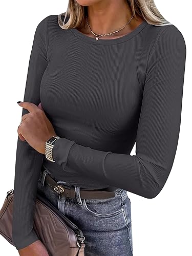 ANRABESS Women Long Sleeve Shirts Rib Knit Slim Fit Tops