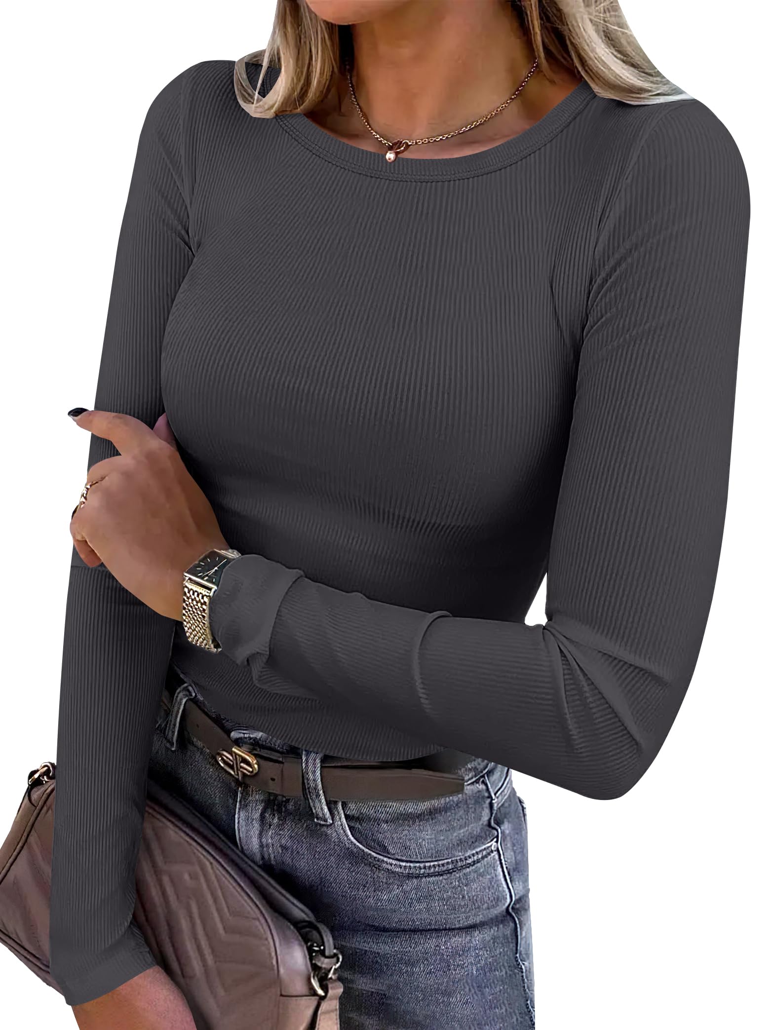ANRABESS Women Long Sleeve Shirts Rib Knit Slim Fit Tops Basic Tee Spring Outfits Casual T-Shirt Underscrubs Layer Clothes