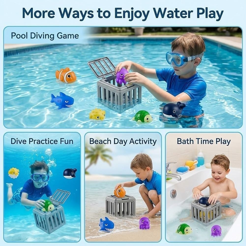 Lot de 6 jouets de sauvetage sous-marins pour enfants avec boîte de rangement, jeu de piscine aquatique, jeu de piscine, jeu d'entraînement à la