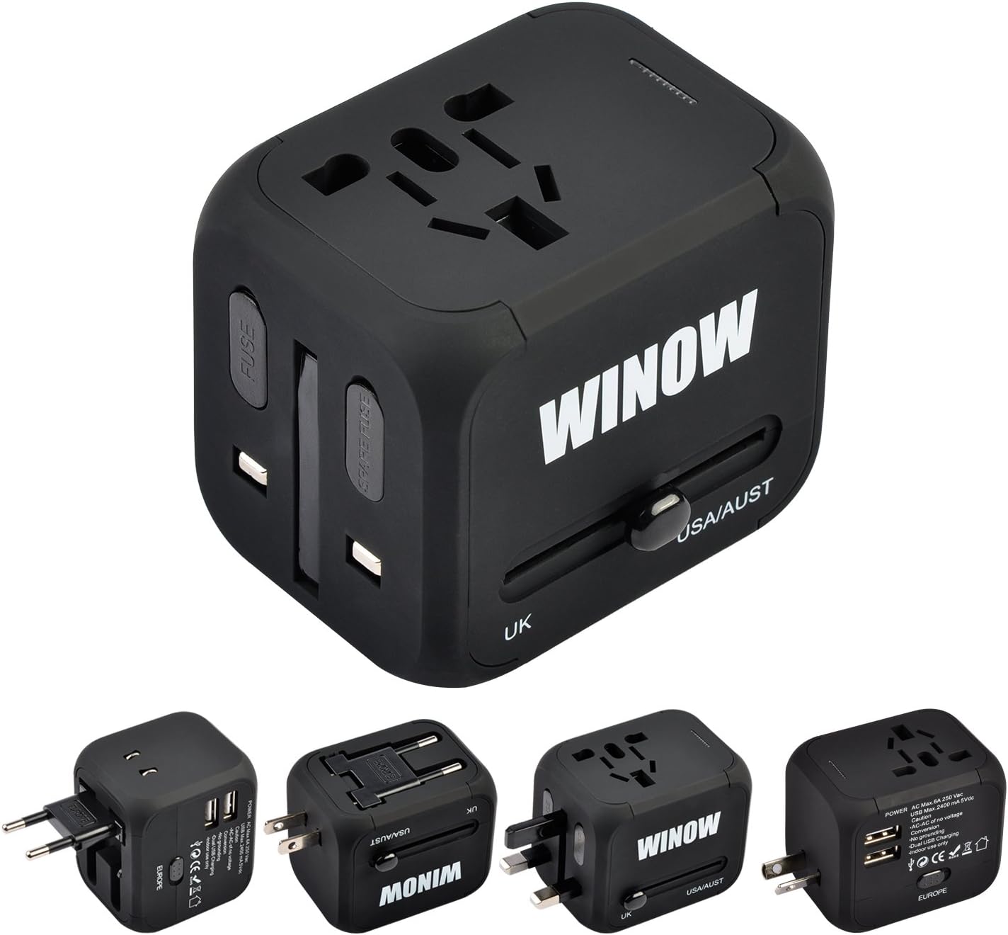 WINOW International Travel Plug Adapter, Worldwide Power AC Wall Charger with Dual USB & USA, UK, AU, EU - Great for iPhone/iPad/Laptops/Samsung/Smartphone,Spare Safty Fuse+Zipper Case (Black)