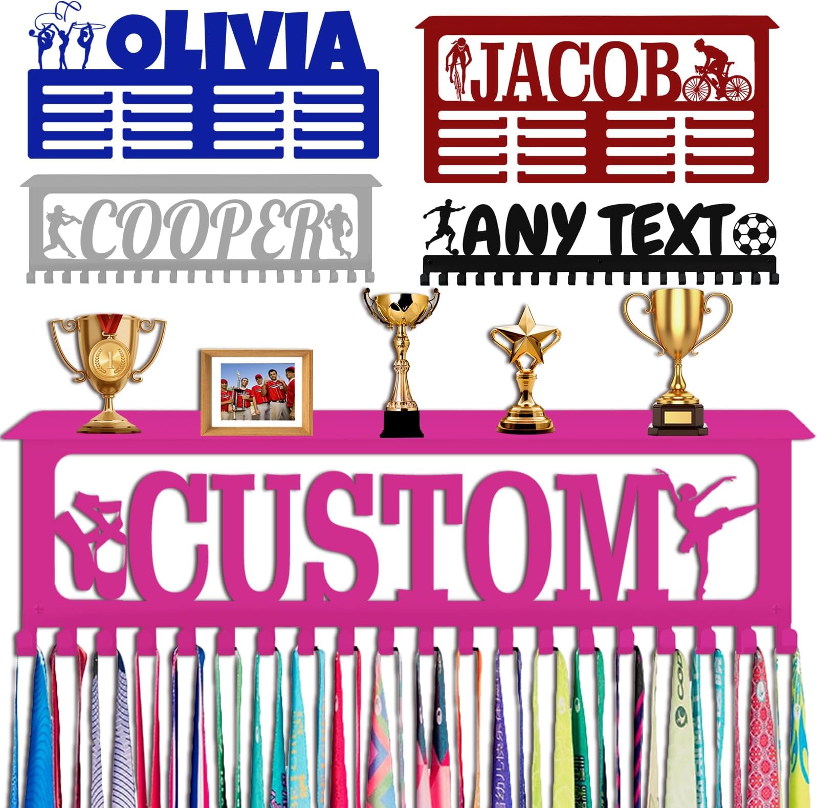 Personalized Medal Holder with Name Logo Custom Hanger Display for Awards Ribbons Wall Gymnastics Runners Boys Girls Kids Customized Gift Sports Display Metal Medal Rack