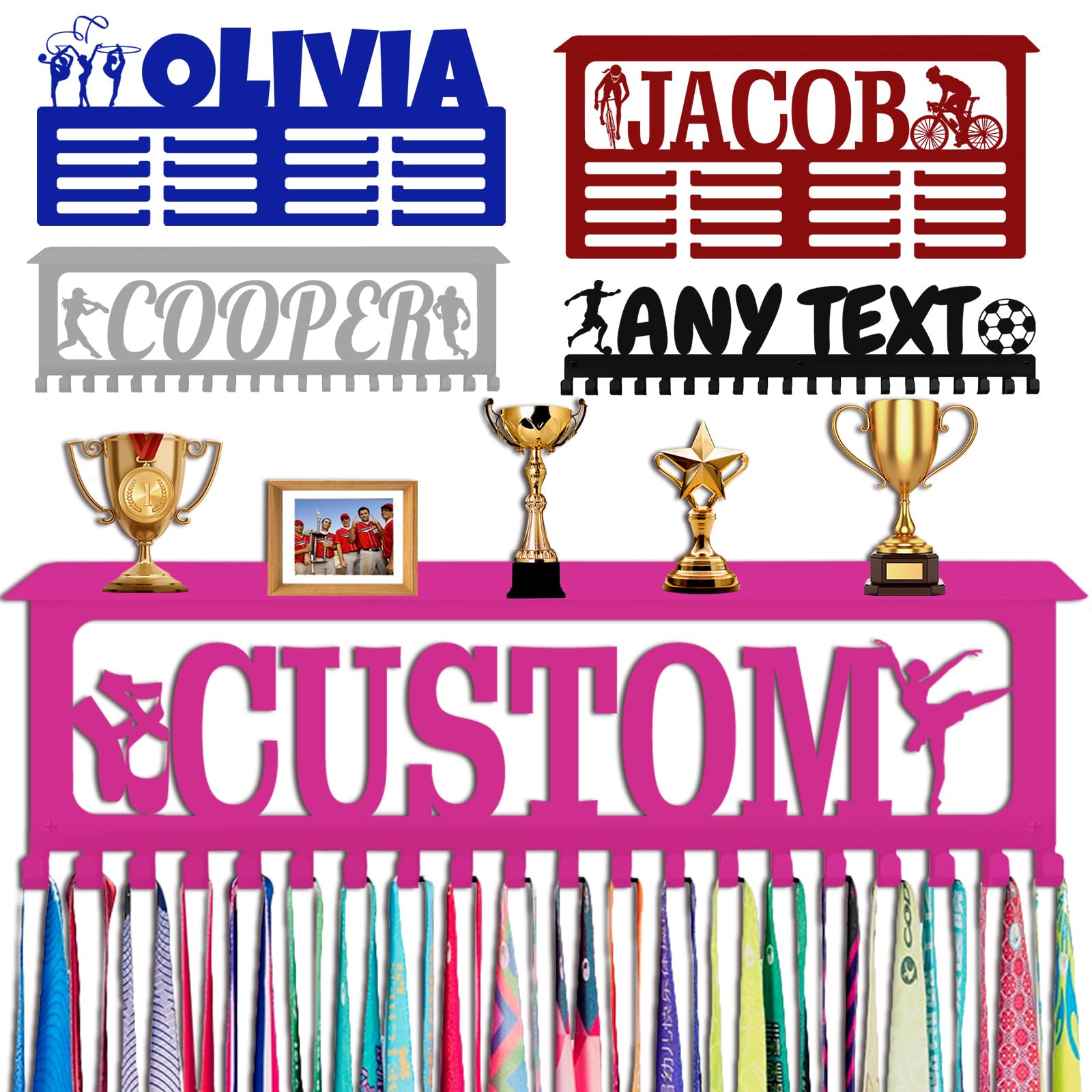 Xiuyours Pink Personalized Medal Holder with Name Hooks Custom Hanger Display for Awards Ribbons Wall Gymnastics Runners Boys Girls Kids Customized Gift Sports Display Metal Medal Rack