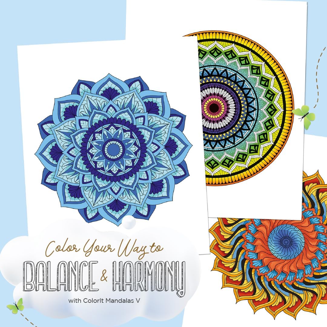 ColorIt Mandalas Volume V Spiral Bound Adult Coloring Book with 50 Mandala Patterns for Relaxation and Stress Relief - Includes Perforated Pages, Thick Paper, Hardback Covers, and Blotter Page