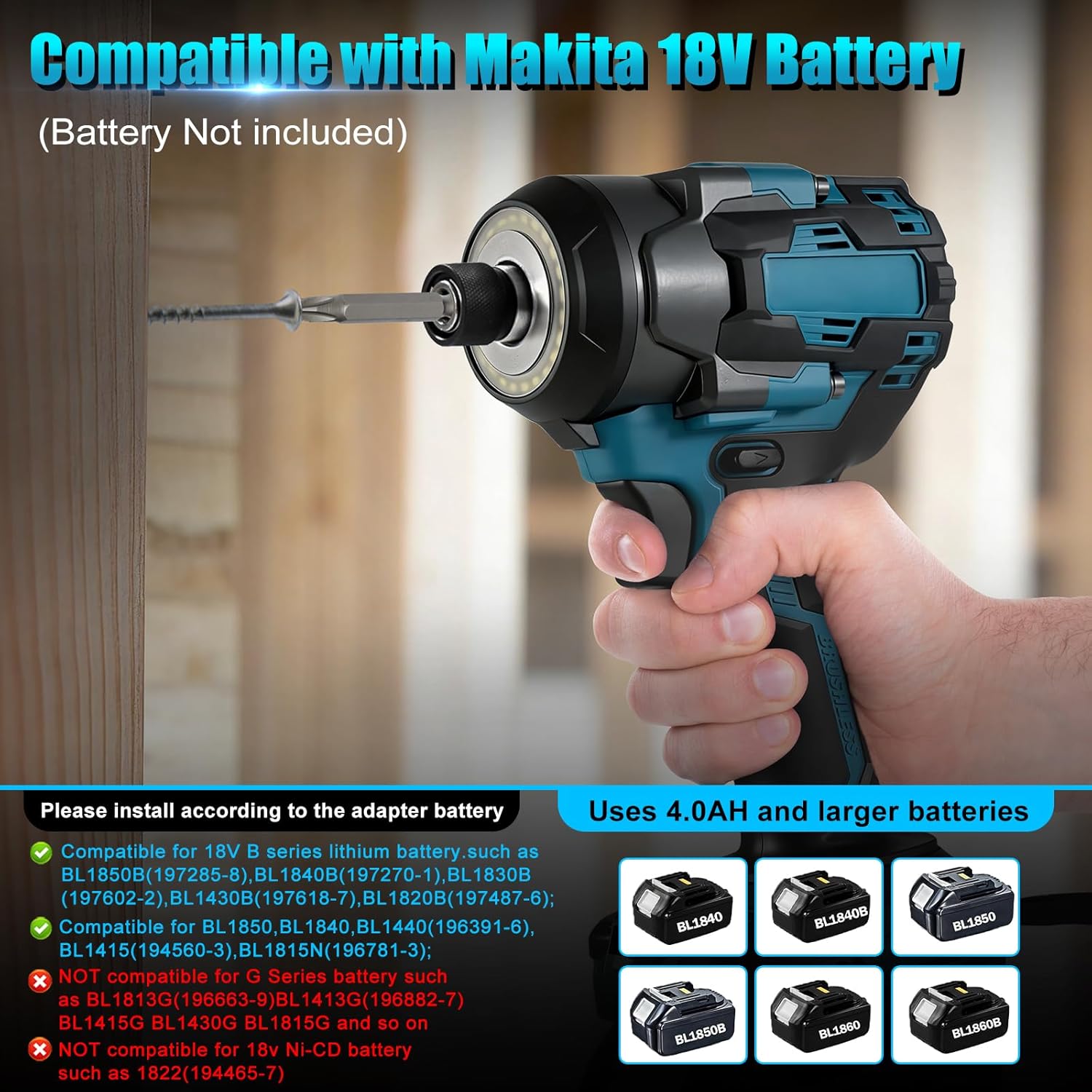 Cordless Impact Driver 1/4" for Makita 18V Battery (No Battery), 2655 In-lbs Brushless Impact Drill, 2800 RPM with LED Light for Home Installation, DIY Tools