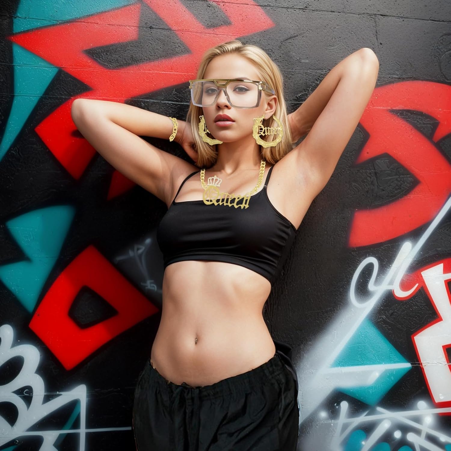 80s 90s Hip Hop Queen Costume Kit Outfit Jewelry Accessories Set Necklace Bracelet Sunglasses for Woman Rapper DJ Punk - Image 6