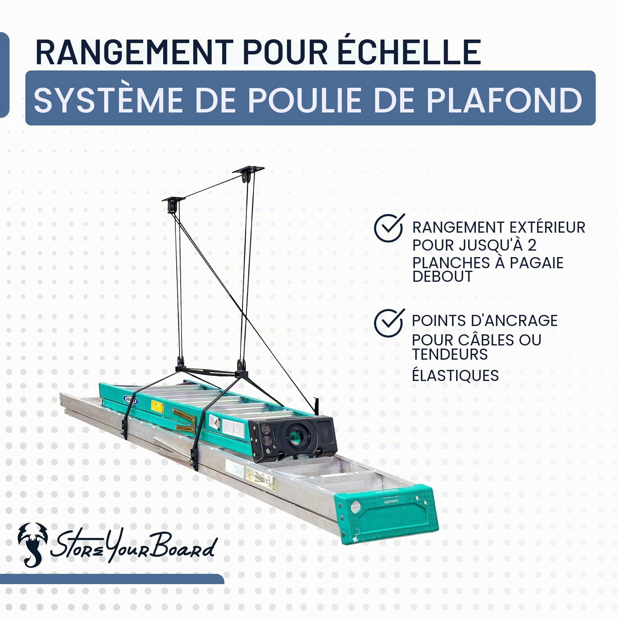 StoreYourBoard Poulie de rangement pour échelle de plafond de garage, système de levage intérieur, robuste, peut supporter 68 kg