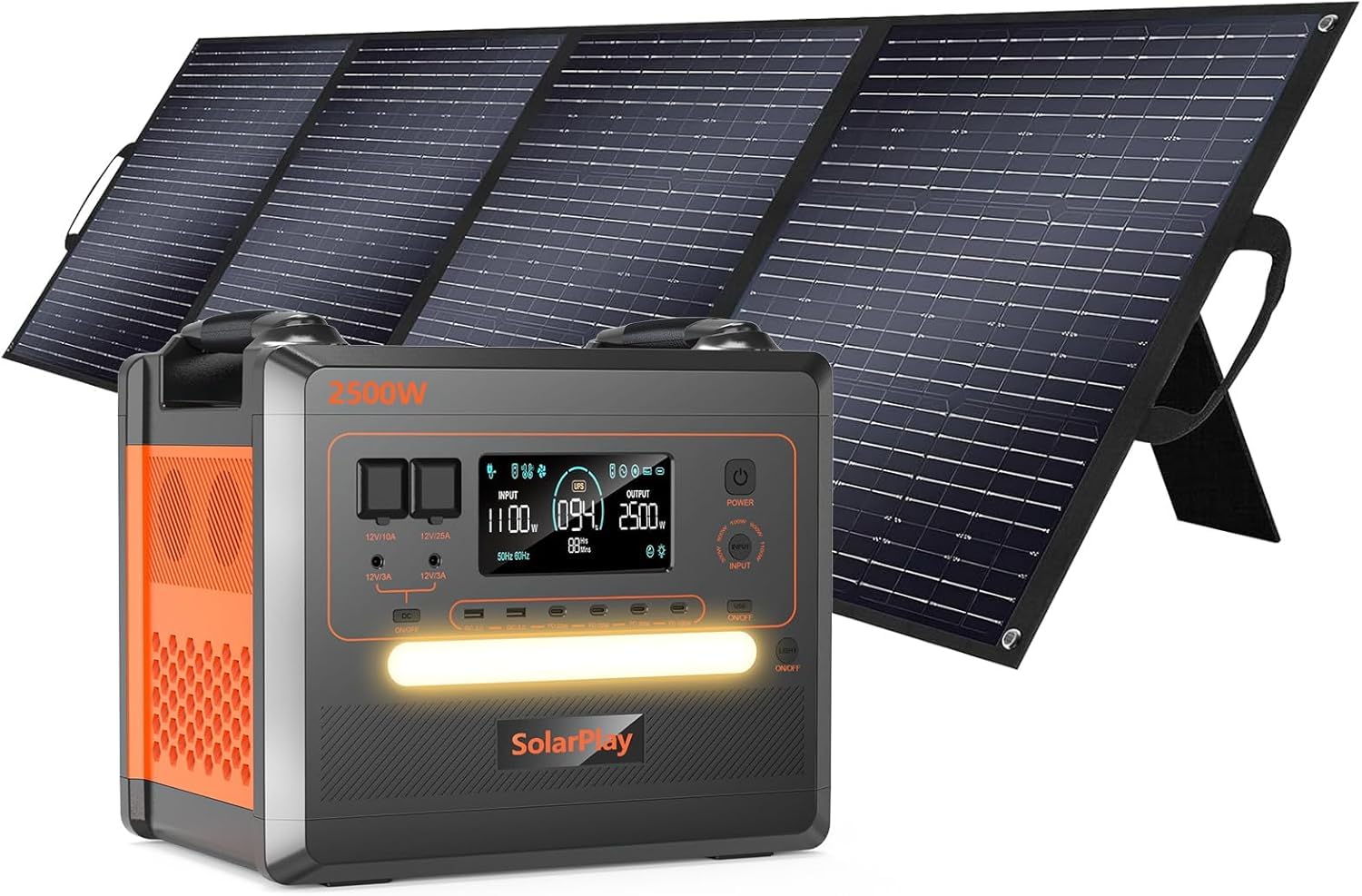 SOLARPLAY Station Electrique Portable 2500w, 2300wh Générateur Solaire avec LiFePO4 Batterie, 12 Ports Sortie, Power Station pour Camping-Cars, Voyages, Domestique,Emergency (2500W+200Wparts)
