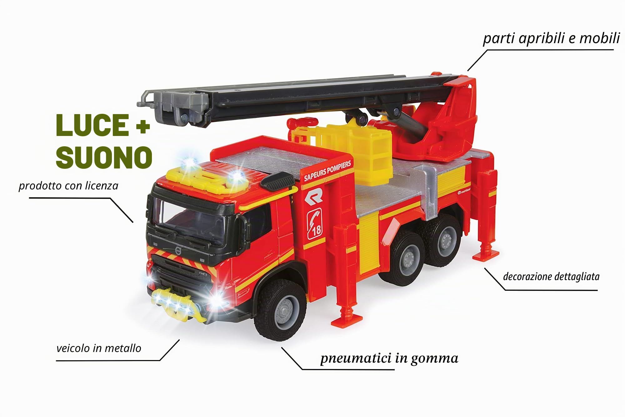 Majorette - Grand Series - Volvo Camion Pompieri - 19cm (scala 1/43°) - Suoni e luci - Da 3 Anni - 213713000002