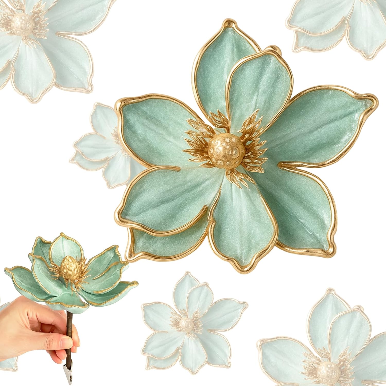 Suncalla 12 Pcs Green Magnolia Flowers Artificial Christmas Poinsettias Flowers with Stems Christmas Tree Floral Bouquet Ornaments for Xmas Tree Wreath Wedding DIY Crafts Floor Vase Decorations