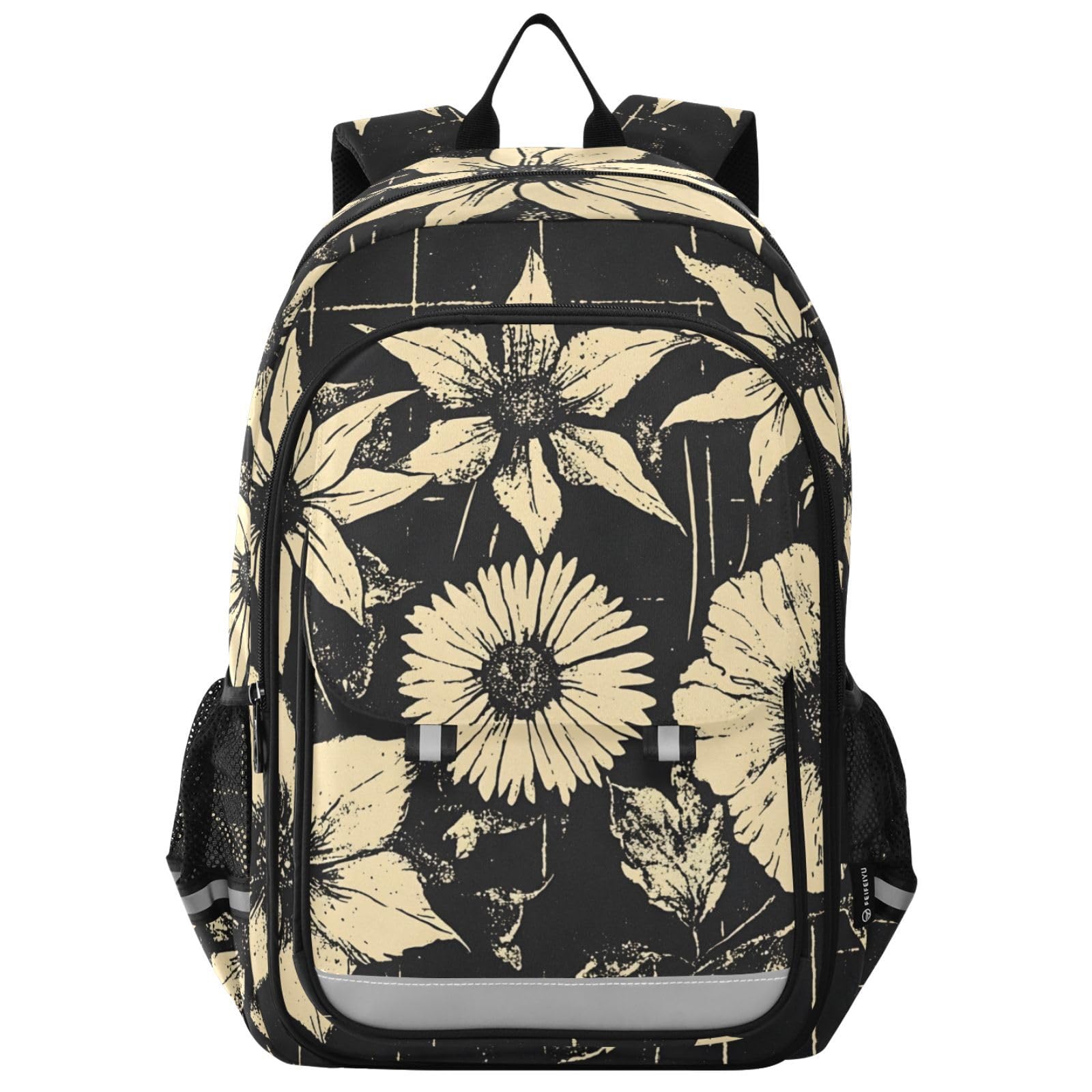 Retro Flowers Kids Backpack Big Storage Multiple Pockets 17 7 IN for Travel Bookbag School Bag with Chest