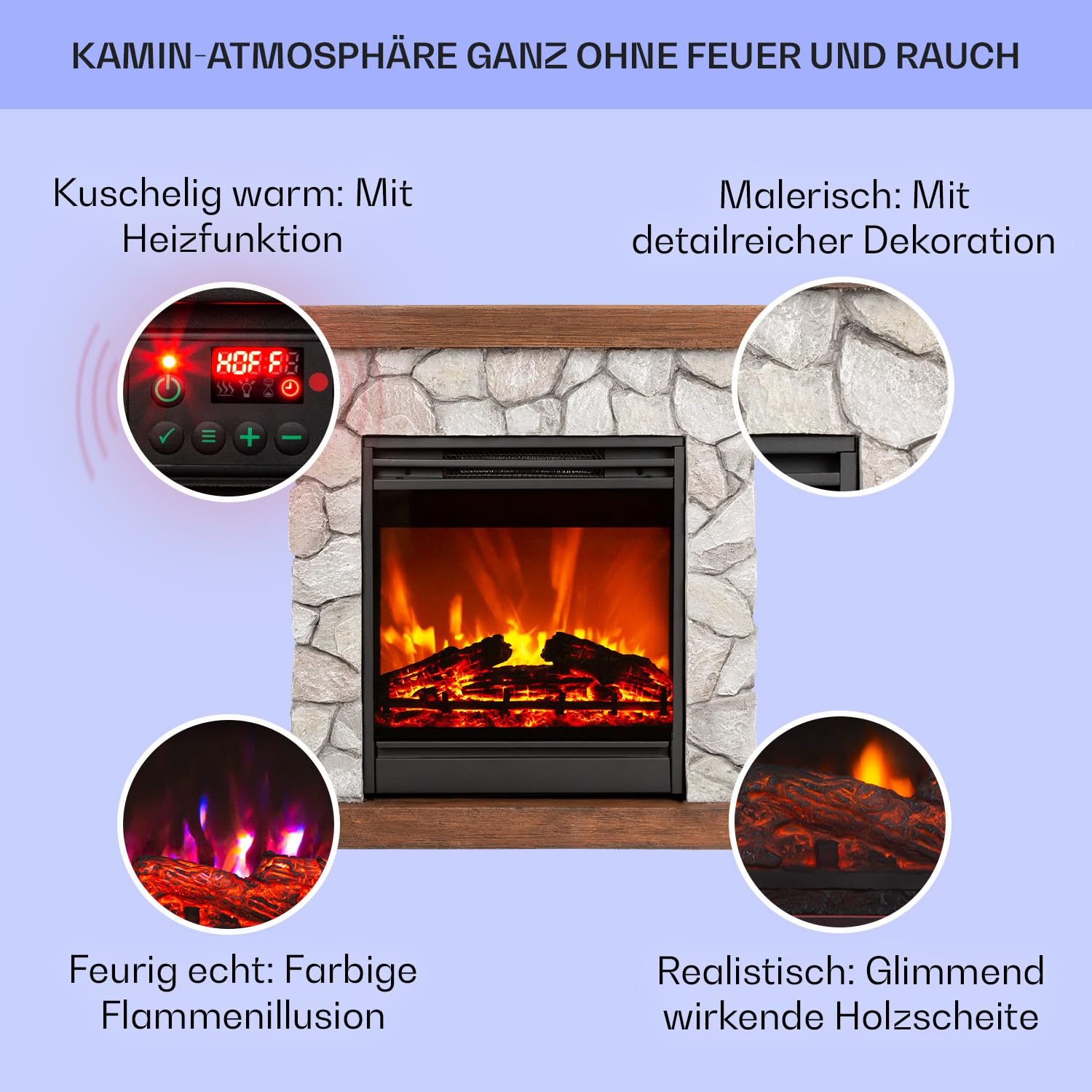 Klarstein Elektrokamin, Elektro Heizungen für Wohnzimmer & Innenräume, Elektrischer Kamin mit LED Flammen, mit Fernbedienung, Elekroofen, Automatische Temperaturregelung,1800 W