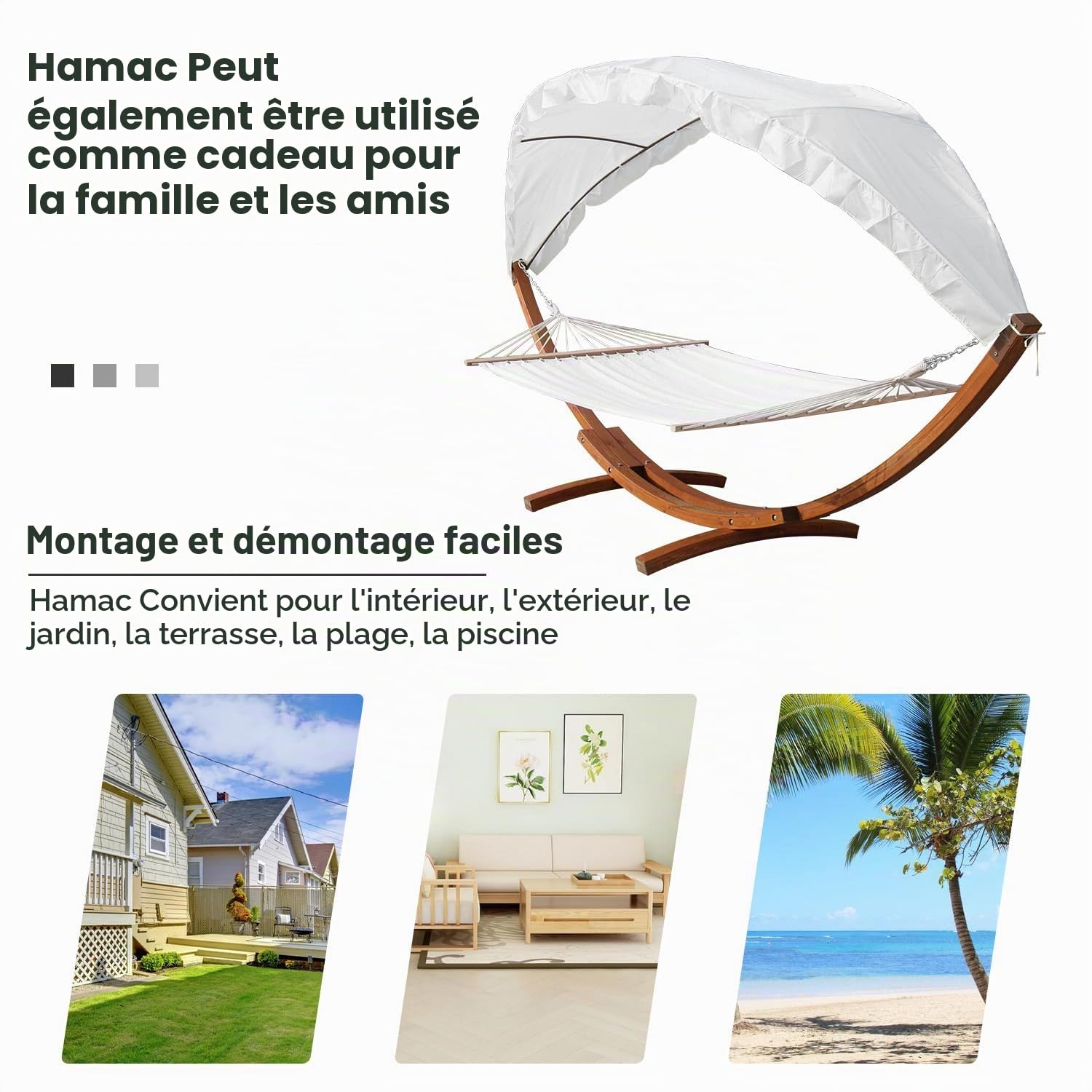 Hamac d'extérieur double avec support, surface de couchage 200 x 150 cm, charge maximale 200 kg, balançoire suspendue, hamac pour balcon, jardin et terrasse