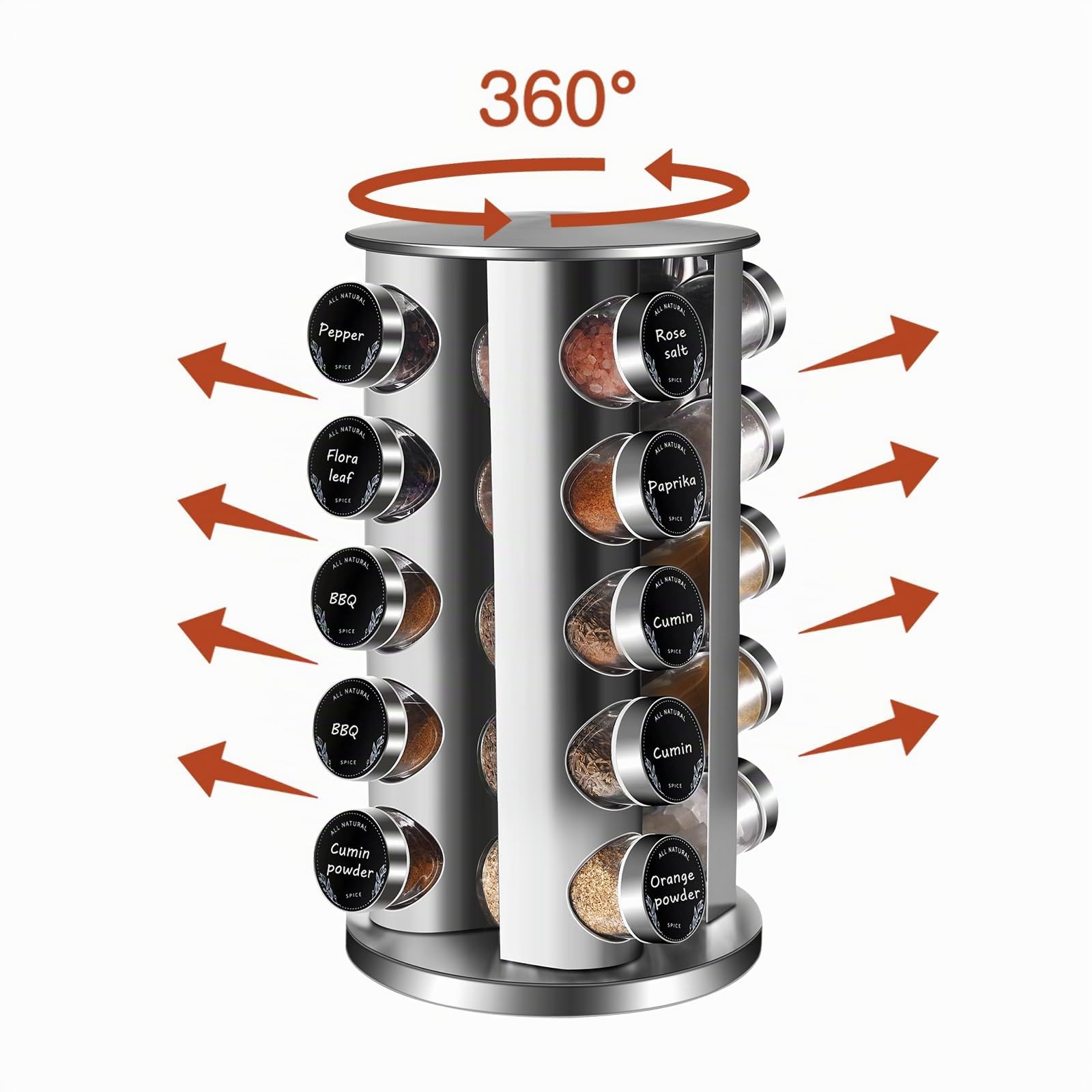 Porta Spezie per Cucina Orbicolare con 20 Barattoli per Spezie,360° Porta Spezie Girevole,Barattolo per Condimenti con Coperchio in Acciaio Inox,Organizer Spezie