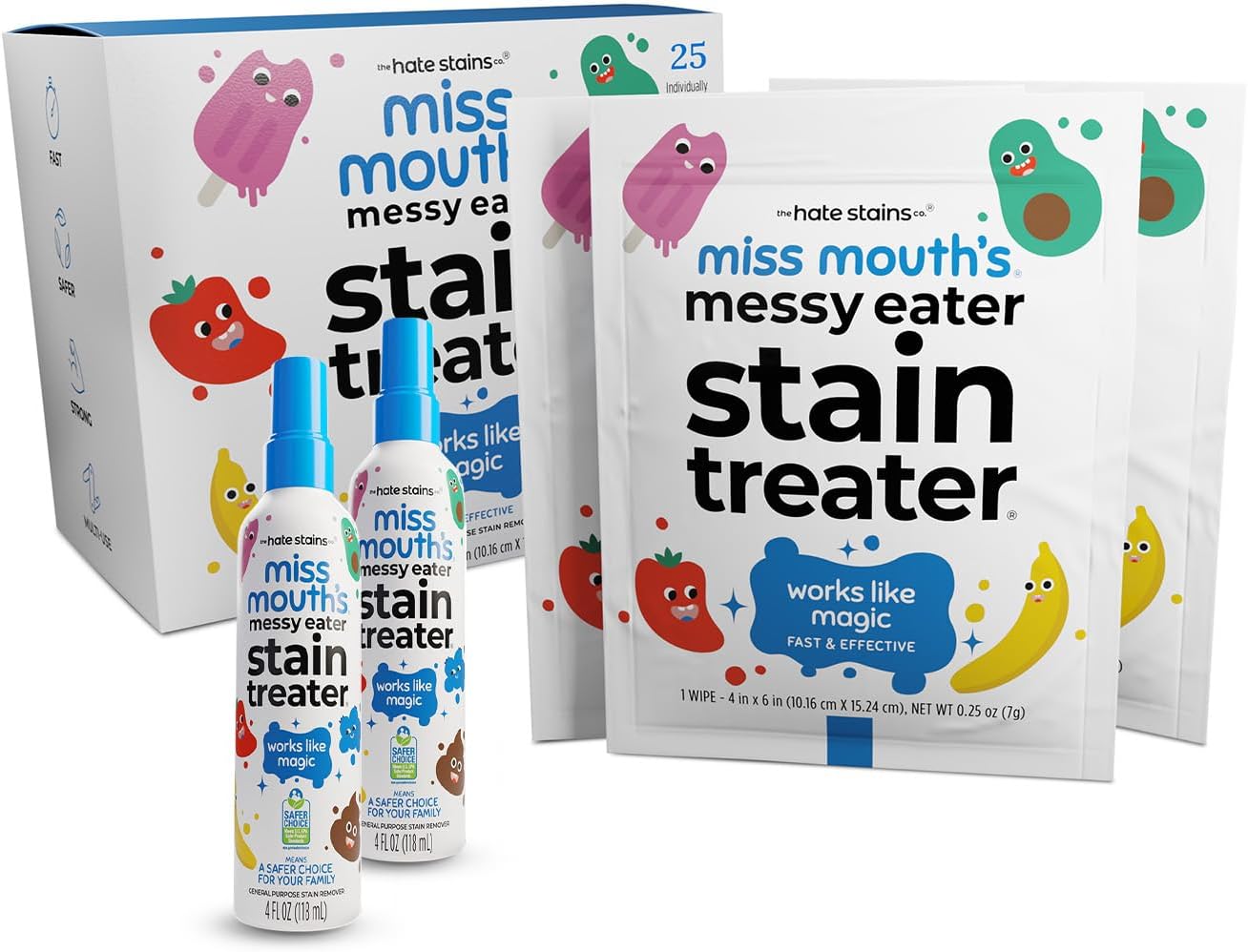 Miss Mouth's Messy Eater Stain Treater 4oz 2pack Stain Remover Spray and 25 pack Wipes