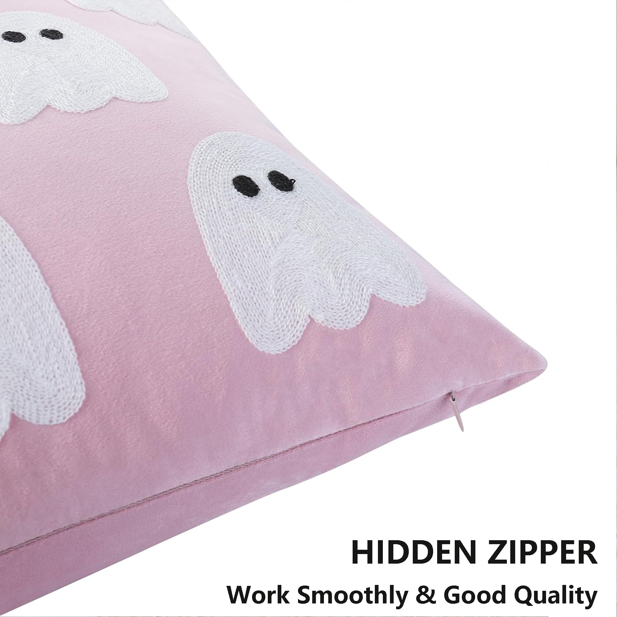 Tosleo Pink Halloween Ghost Pillow Covers Set Of 2 (16x16 Inch) - Embroidered Velvet Fall & Thanksgiving Decor - View #10