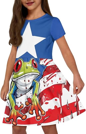 Dresses for Girls Summer Dress Size 2-14Y Kids Short Sleeve Midi Dress with Pockets Party A Line Beach Dresses