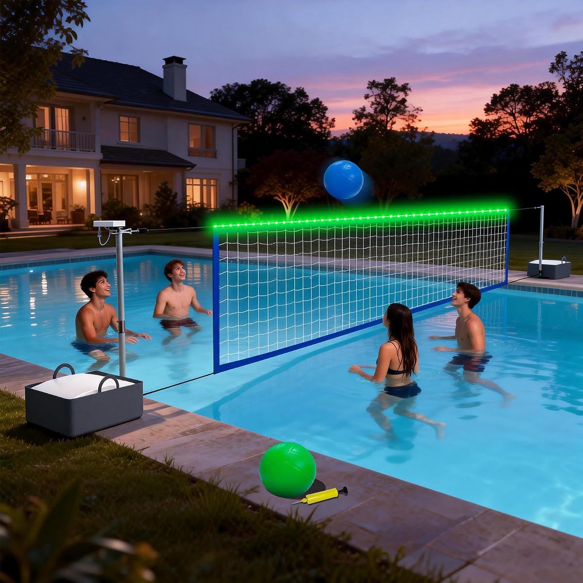 Juego de red de voleibol para piscina con luces LED solares de alto brillo, red de voleibol portátil ajustable de 15 a 32 pies con base ponderada de 40 litros para piscinas enterradas, 2 bolas y bomba para diversión familiar, juegos de fiesta