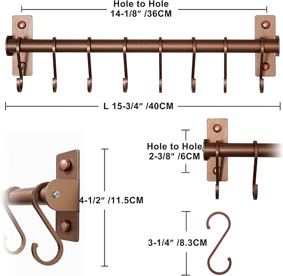 Dseap Kitchen Utensil Holder Hanger, Pot and Pan Rack wall Mounted, Kitchen Rail with 8 Hooks for Hanging Cooking Utensils, Mugs, Spoons, Wall Mounted, Antique Copper New
