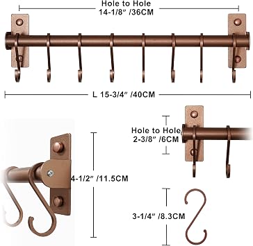 Dseap Kitchen Utensil Holder Hanger, Pot and Pan Rack wall Mounted, Kitchen Rail with 8 Hooks for Hanging Cooking Utensils, Mugs, Spoons, Wall Mounted, Antique Copper New