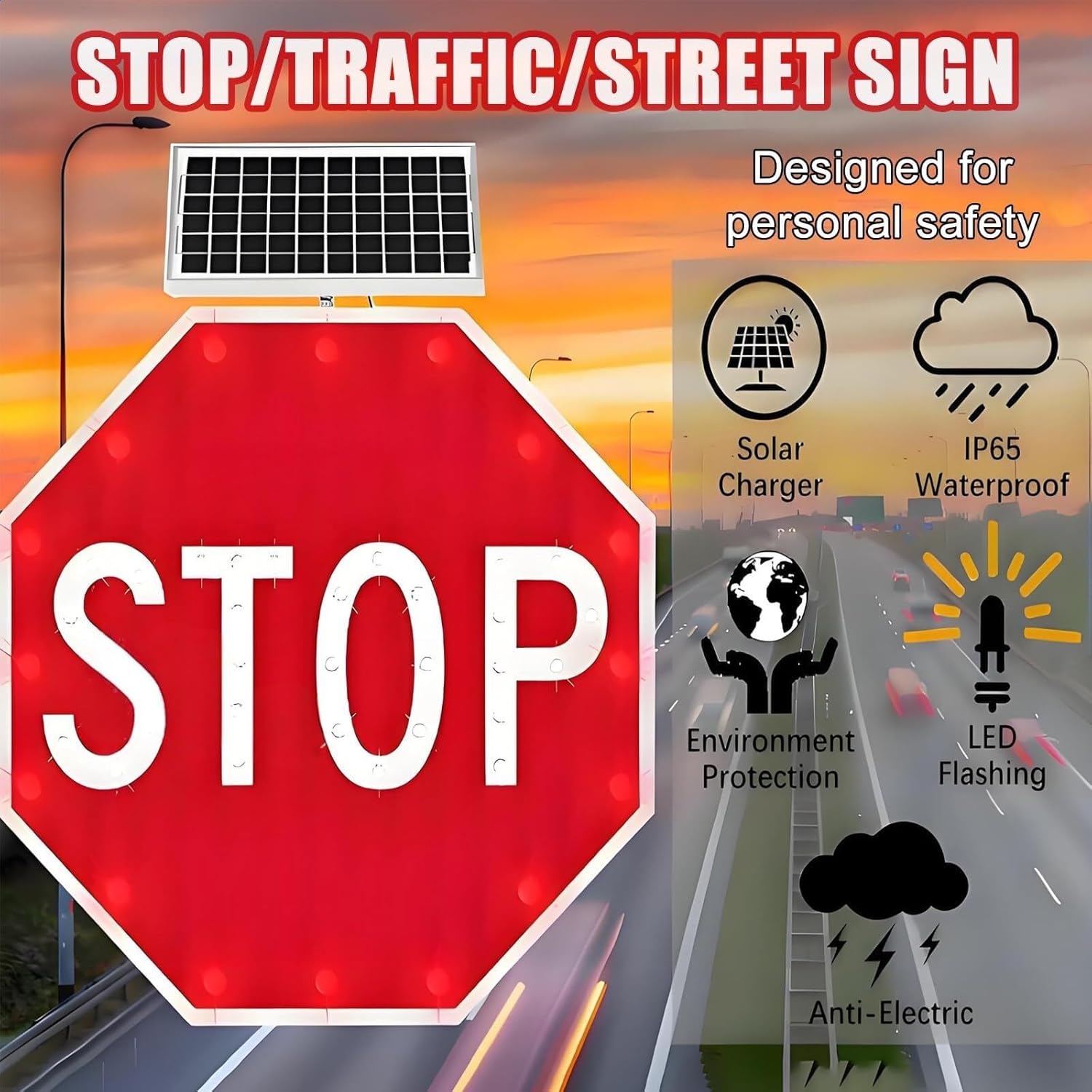 24 Inch Solar Powered LED Blinking Stop Sign - Durable Aluminum Octagon Traffic Sign for Road, Street, Driveway Safety (Always On)