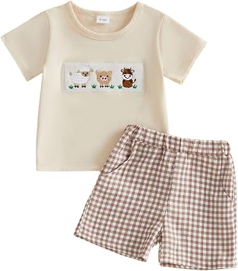 Toddler Baby Boy Summer Clothes Farm Animal Embroidery Short Sleeve T Shirt Top Plaid Shorts 2Pcs Casual Outfits Set