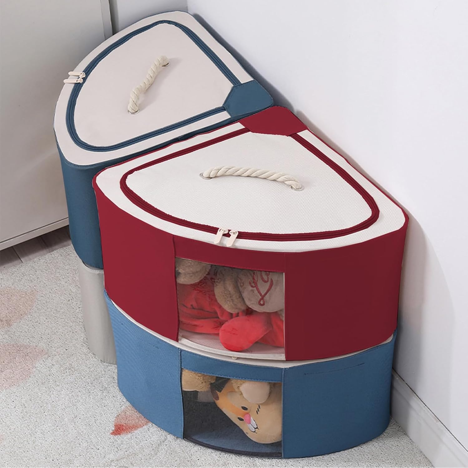 2PCS Corner Baskets Triangle Storage, Fan Shaped Storage Box with Lid and Handle, Foldable Storage Bins, Waterproof Oxford Cube Boxes, Large Capacity Storage Container for Bedroom Office(Navy-L)