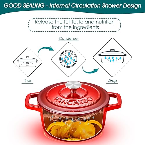 Miniatura 10 de vancasso Horno holandés de hierro fundido esmaltado, olla de horno holandés de 9.3 cuartos con tapa, olla ovalada de hierro fundido con
