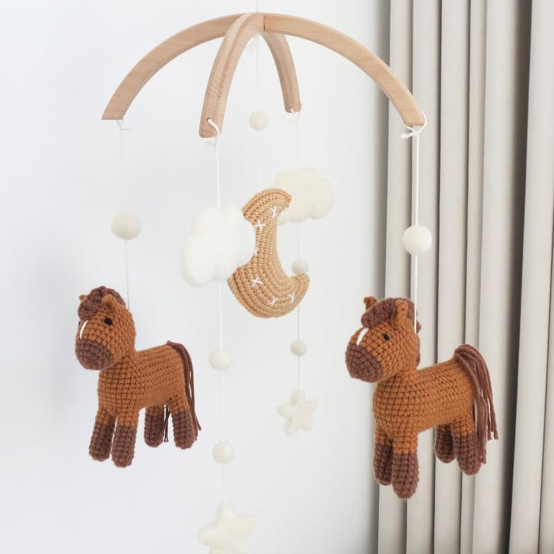 Ponies Crib Mobile - Boho Nursery Mobile para niñas niños, bebé neutral celular para cuna, caballos de ganchillo a mano