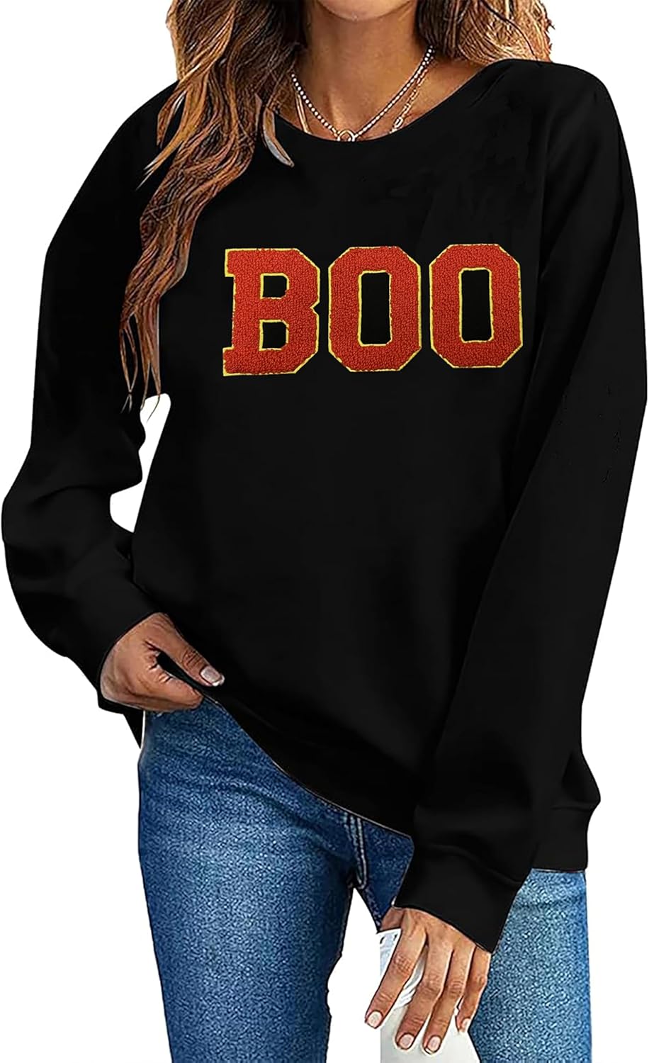 Halloween BOO Sweatshirt Women Ghost Chenille Patch Sweatshirts Spooky Season Fall Embroidered Pullover Top - Image 5