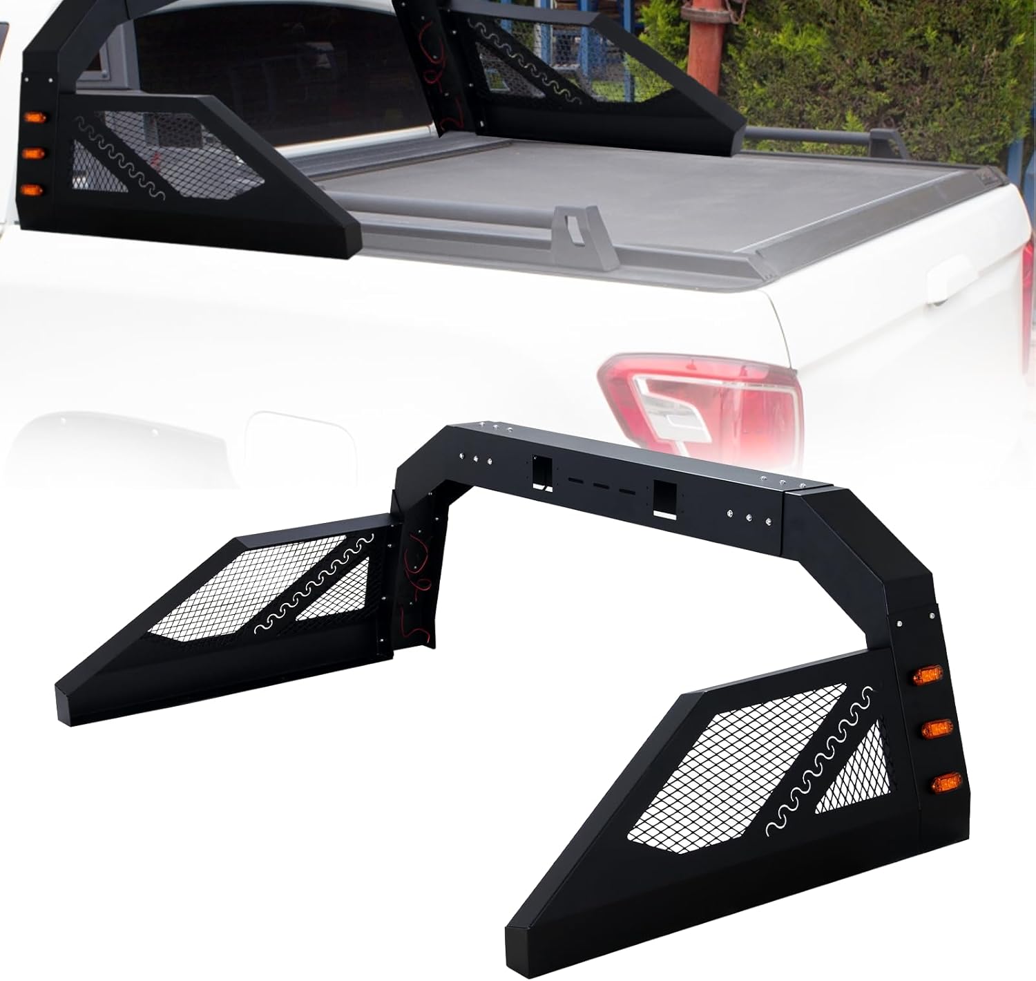 Universal Truck Bed Adjustable Sport Roll Bar, Full Size Pickup Truck Roll Bars with 6 Amber Side Marker Lights Fit for Pickup, Truck & SUV, Black