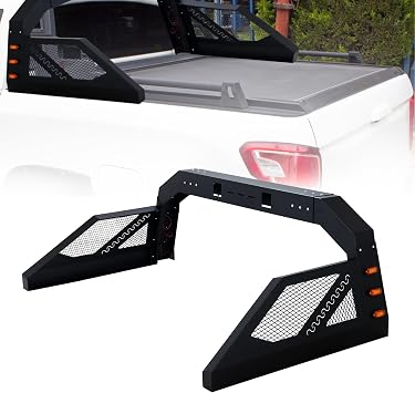Universal Truck Bed Adjustable Sport Roll Bar, Full Size Pickup Truck Roll Bars with 6 Amber Side Marker Lights Fit for Pickup, Truck & SUV, Black