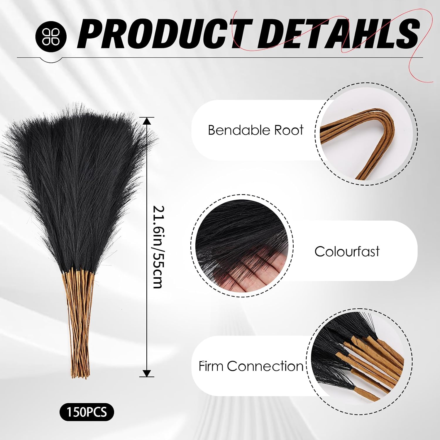 150pcs Black Pampas Grass 21.6 Inch Non-Shedding Faux Pampas for Gothic Home, Moody Boho, Halloween and Modern Wedding Decor