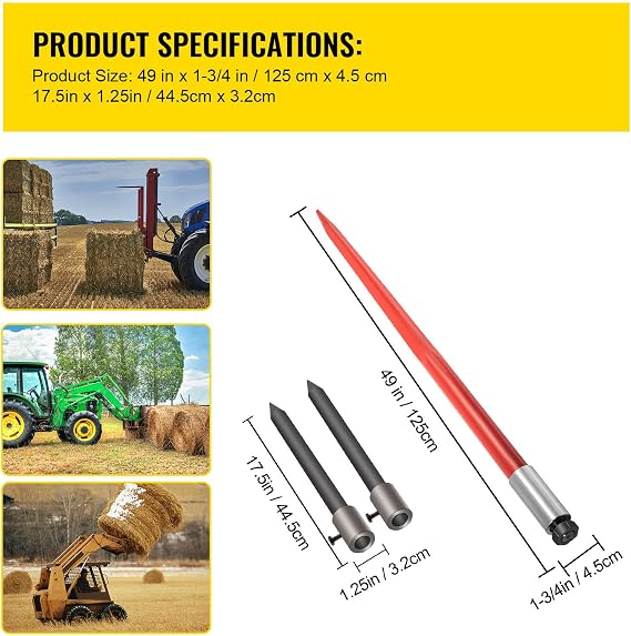 Happybuy 49 Hay Bale Spear, 3000 lbs Capacity, Square Bale Spike with Nut & Sleeve, Heavy Duty Steel, Red Coated for Tractors, Loaders, and Agricultural Use