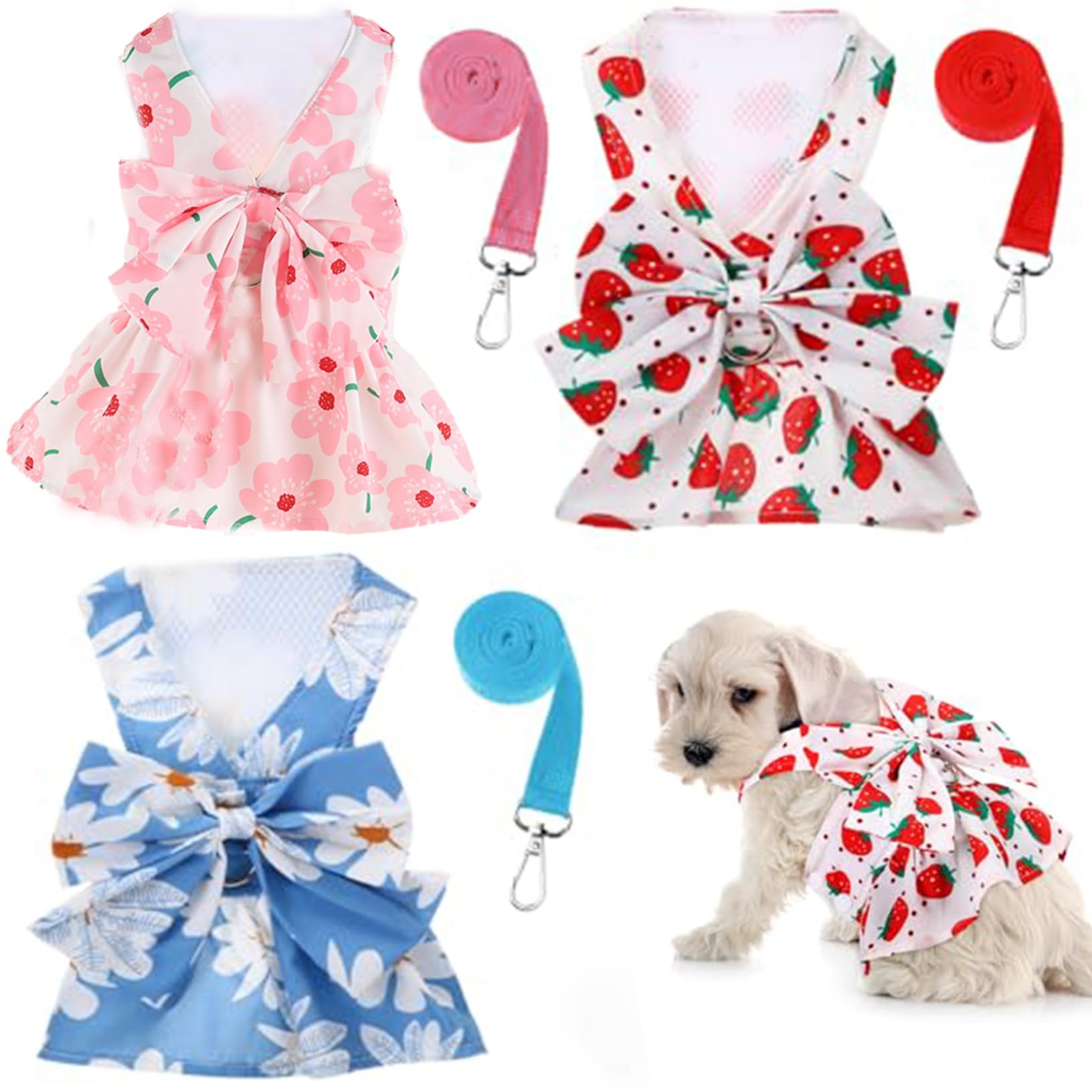 3 Pcs Dog Dresses with Harnesses Cute Colorful Bow Small Dogs Princess Dress Breathable Puppy Doggy Summer Dog Harness Dress for Dogs Girl with Button for Cats, Rabbits (Small) Princess