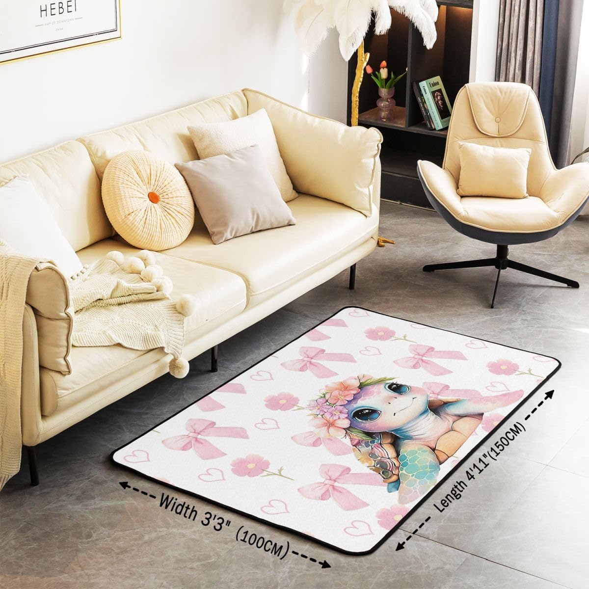 Erosebridal Pink Bow Area Rug 6'6" X 4'11" Marine Life Turtle Tortoise Living Room Rugs Non Slip Girly Preppy Bowknot Decorative Carpets Florals Love Heart Indoor Floor Mat