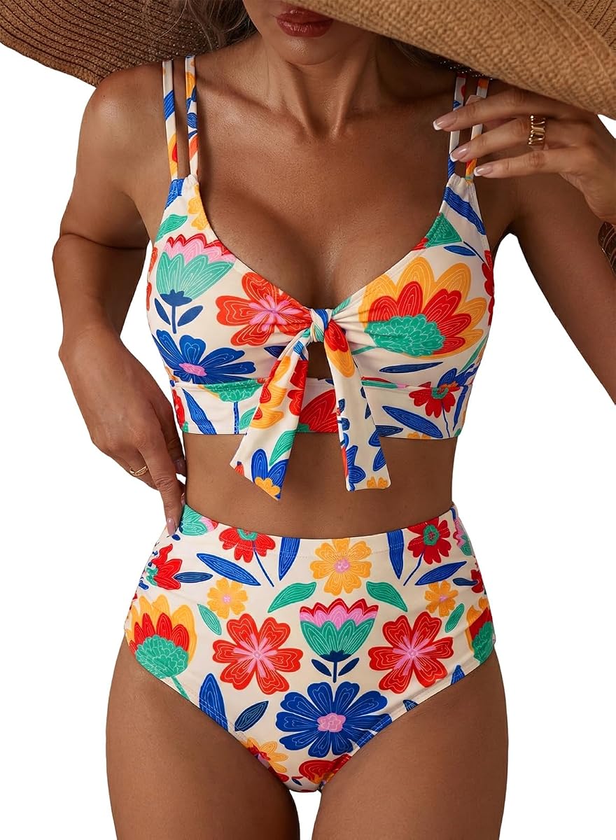 Herseas Womens High Waisted Bikini Sets Knotted Front Two Piece Swimsuit