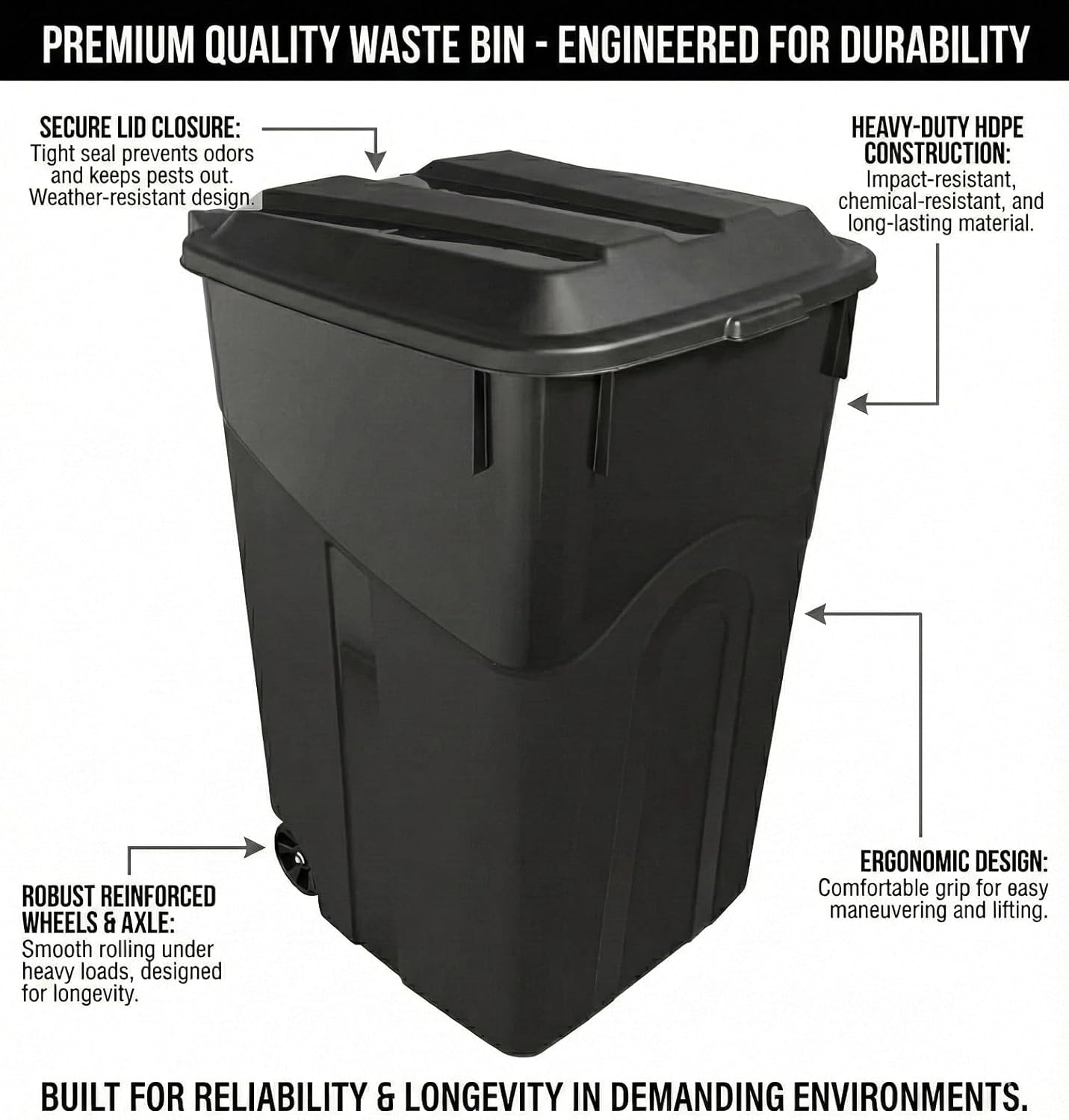 45 Gallon Large Trash Can with Attached Lid & Wheels Heavy Duty Wheeled Garbage Trash Can with Handle Heavy Duty Plastic Garbage Cans Click Lock Lid Design Perfect for Both Indoor Or Outdoor Use