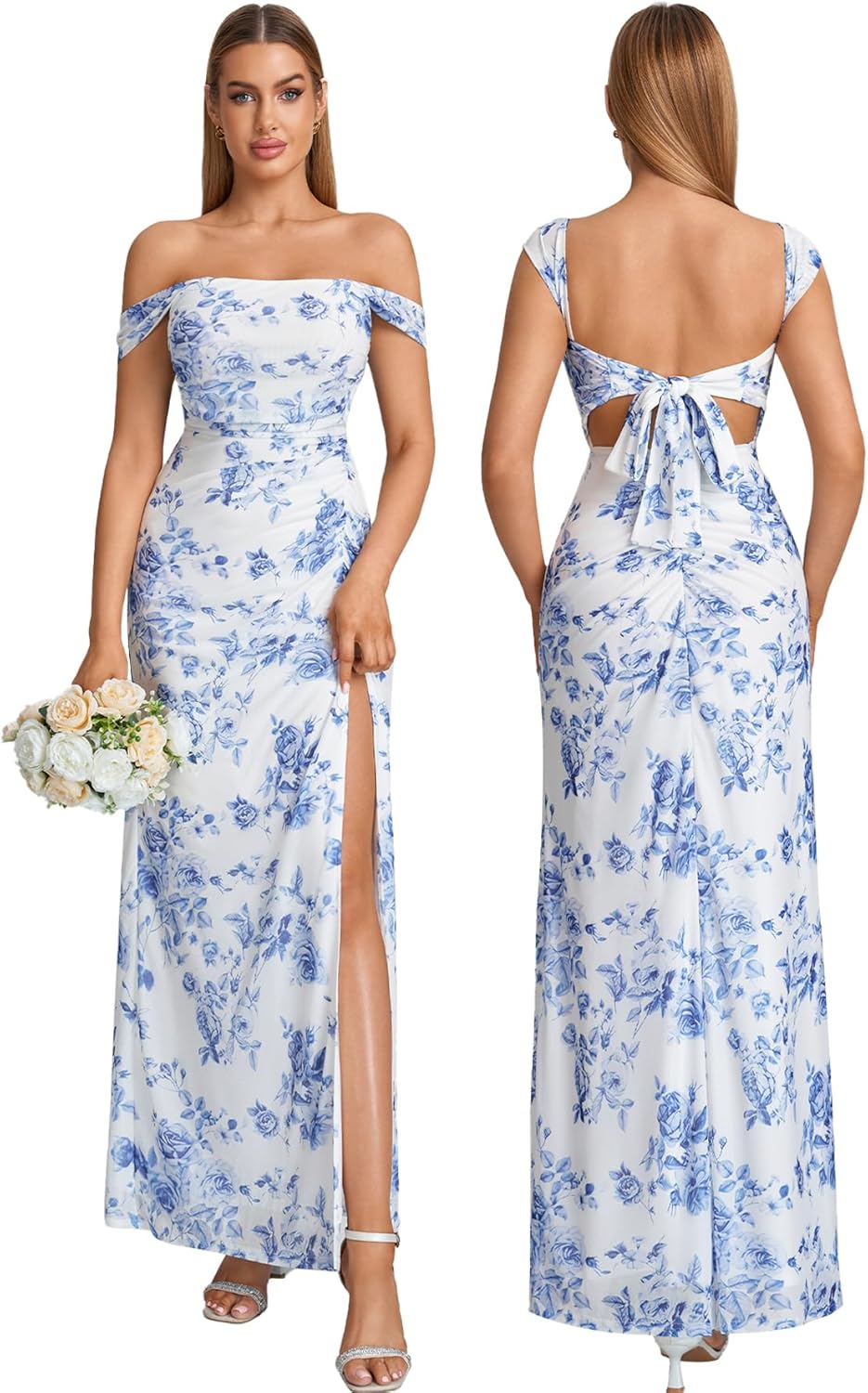 HTZMO Off The Shoulder Wedding Guest Floral Maxi Dress Back Bow Tie Split Ruched Bodycon Formal Long Dresses for Women