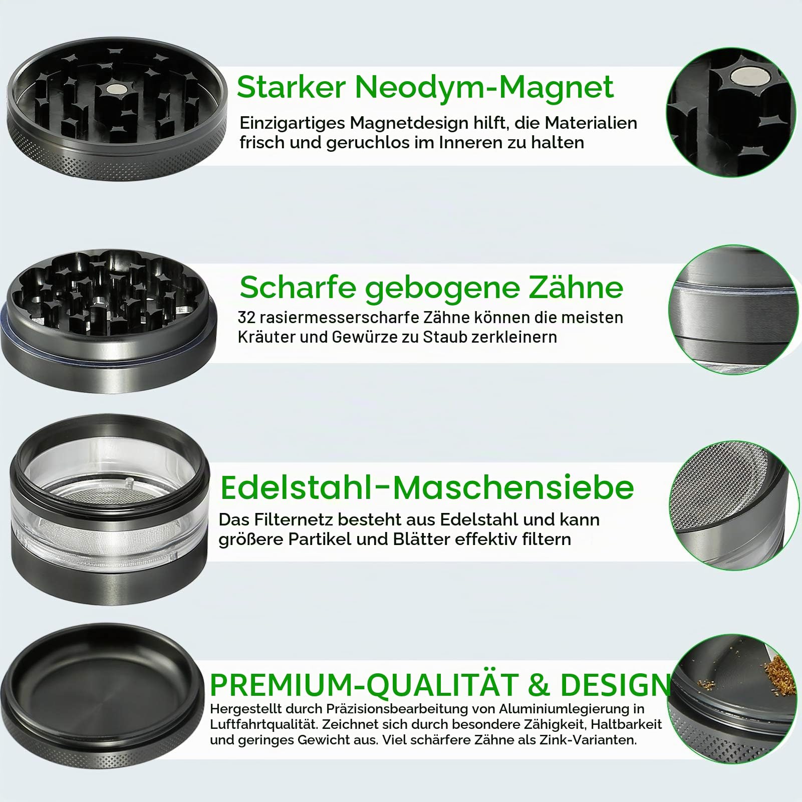 Grinder Crusher Pollen Herb Grinder für Spice,Kräuter,Gewürze,Herb, 4-teiliges Set mit Pollen Scraper