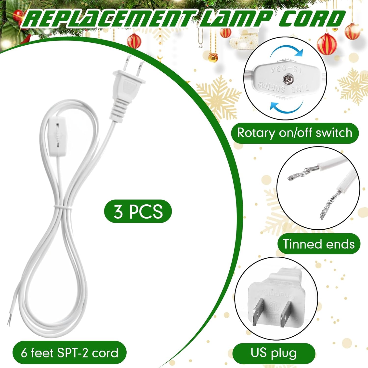 Honoson Small Christmas Ceramic Tree Light Kit with LED Bulb, Ceramic Christmas Tree Replacement Lights, E12 Candelabra Base, Lamp Wiring Kit Nice for Desk Lamp Lighting and DIY Projects(3 Pack)