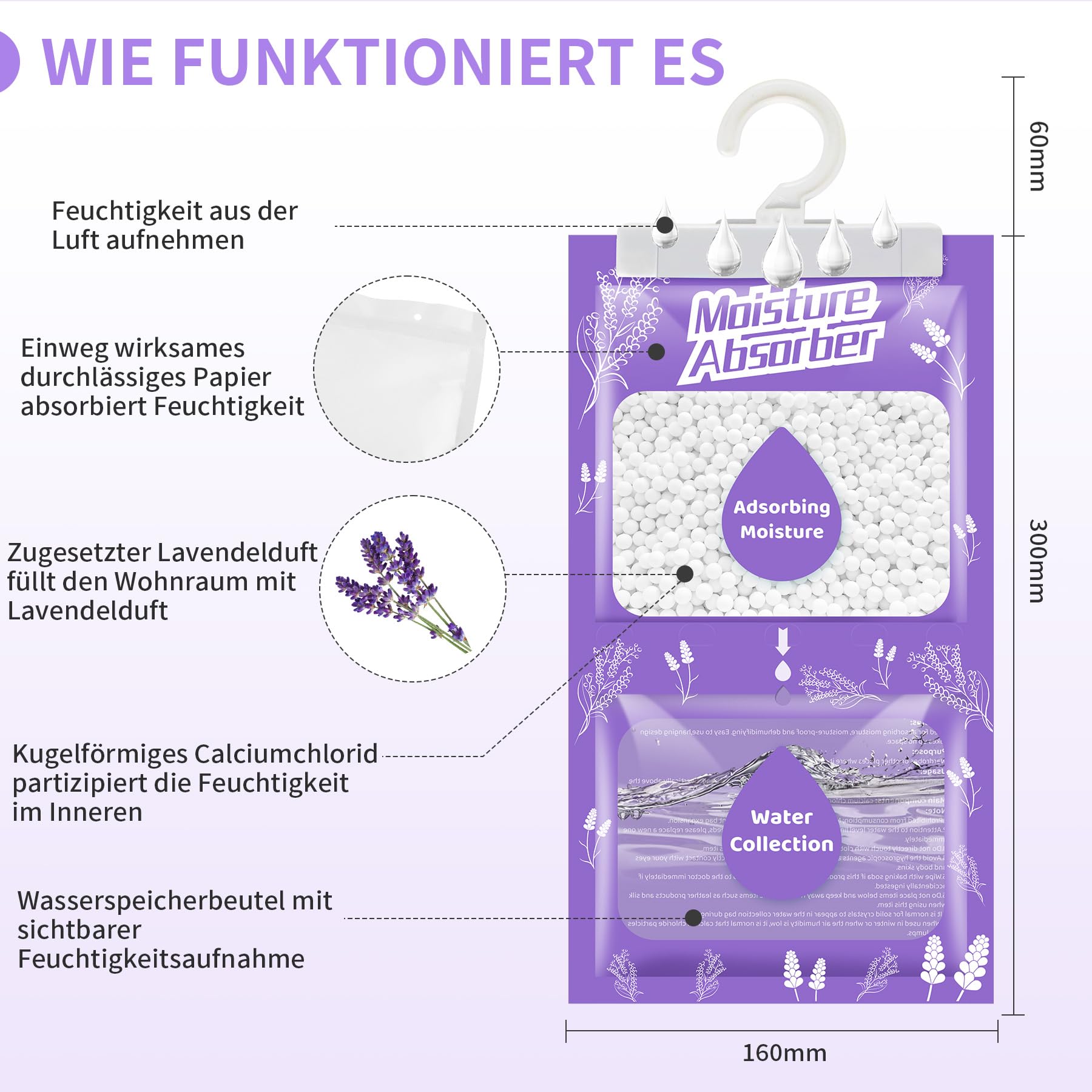 Déshumidificateur suspendu 20 x 230 g avec parfum, absorbeur d'humidité pour cave, chambre à coucher, buanderie, contre l'humidité, anti-moisissure, sac déshydratant – Lavande